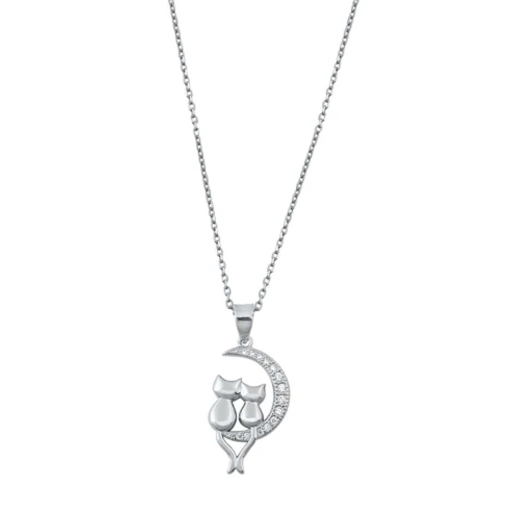 Sterling Silver Cat Moon Pendant Necklace – Adjustable Chain – Minimalist Charm